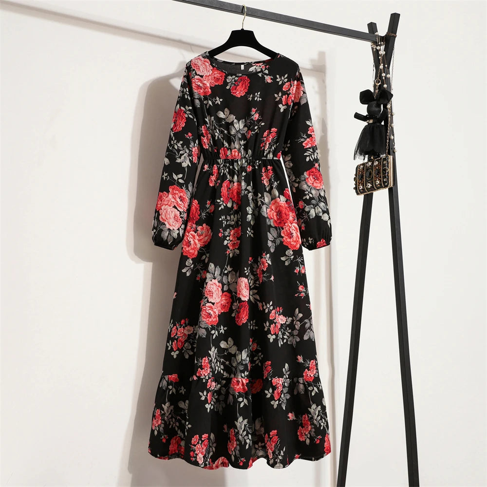 Frühling Sommer Damen Maxikleider Casual Langarm Geblümt O-Ausschnitt Damen Boho Strandparty Langes Kleid Mujer Vestidos