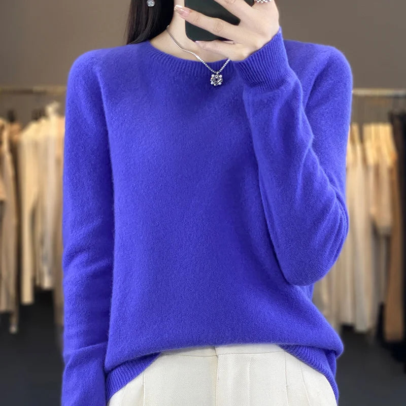 100 % Merinowolle Pullover Damen O-Ausschnitt Kaschmir Strickwaren Female Pullover Herbst Winter Freizeit Oberteile Einfarbig Weiche Kleidung