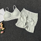 Pfirsich-Po-Yoga-Anzug Damen Gym Nahtloser Träger-BH mit Raffung Hoher Bund Po-Lifting Bauchstraffende Shorts Fitness-Set
