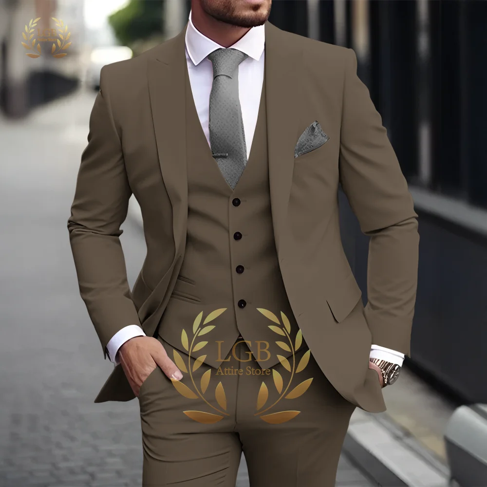 Herren Khaki 3-teiliger Anzug Klassischer spitzer Revers Business Formal Hochzeit Bräutigam Slim Fit Eleganter Gentleman-Stil Mode Blazer