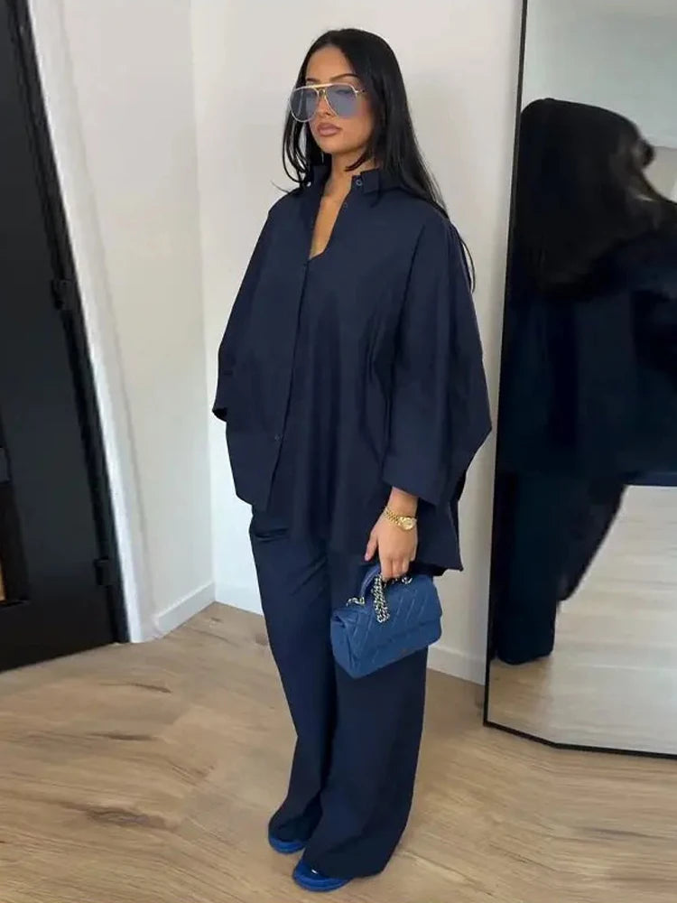 Damen Anzug mit Revers, langen Ärmeln, chic, einreihig, weites Bein, lange Hose, Sets 2026, lässiges, lockeres Outfit für den Alltag Zweitbild