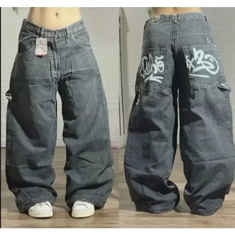 Y2K Black Washed Bestickte High-Waisted Oversized Jeans Herren Europäischer und Amerikanischer Retro Klassiker Lockere Weite Gerader Schnitt Hosen