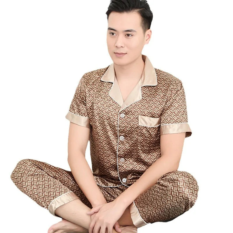 Hochwertiges Pyjama-Set Herren Frühling Herbst Dünn Polyester Eisseide Langarm Schlafanzug Übergröße Sommer Hauskleidung Männlich