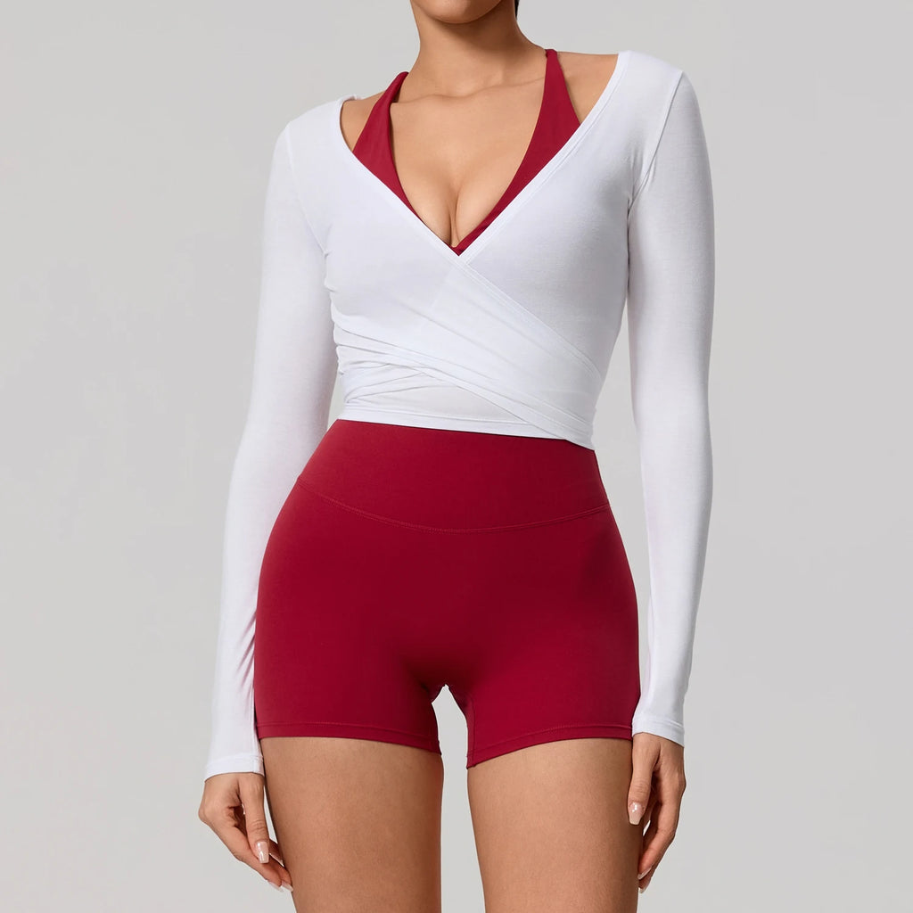 Neue Sommer Damen Yoga Langarm Einteiler Träger Yoga Kleidung Weibliches Training Premium Ballett WickeloberteileFrauen Fitness Sport Top