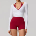 Neue Sommer Damen Yoga Langarm Einteiler Träger Yoga Kleidung Weibliches Training Premium Ballett WickeloberteileFrauen Fitness Sport Top