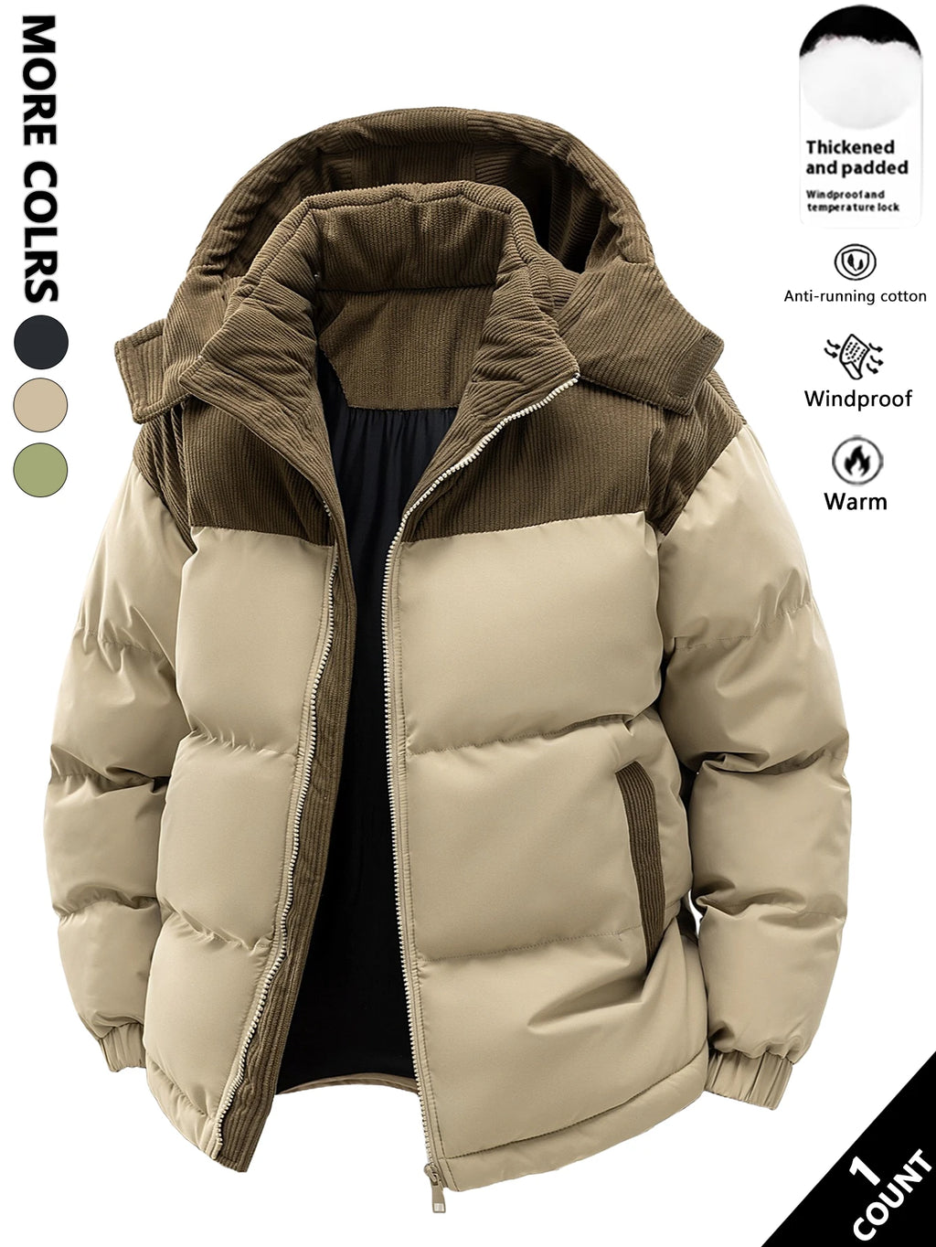 Herren-Kapuzenjacke aus Baumwolle, winterlich verdickt und warm, winddicht und kältebeständig, schlicht und vielseitig als Arbeitskleidung