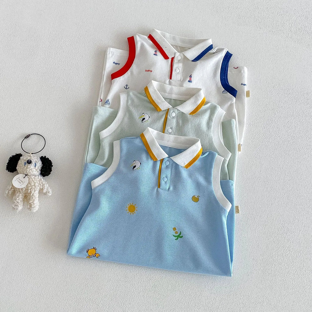 2026 Neue Sommer-Babykleidung 0-2 Jahre Cartoon-Print Ärmelloser Polo-Strampler Atmungsaktives Mesh-Gewebe mit Knopfleiste und Druckknopfverschluss