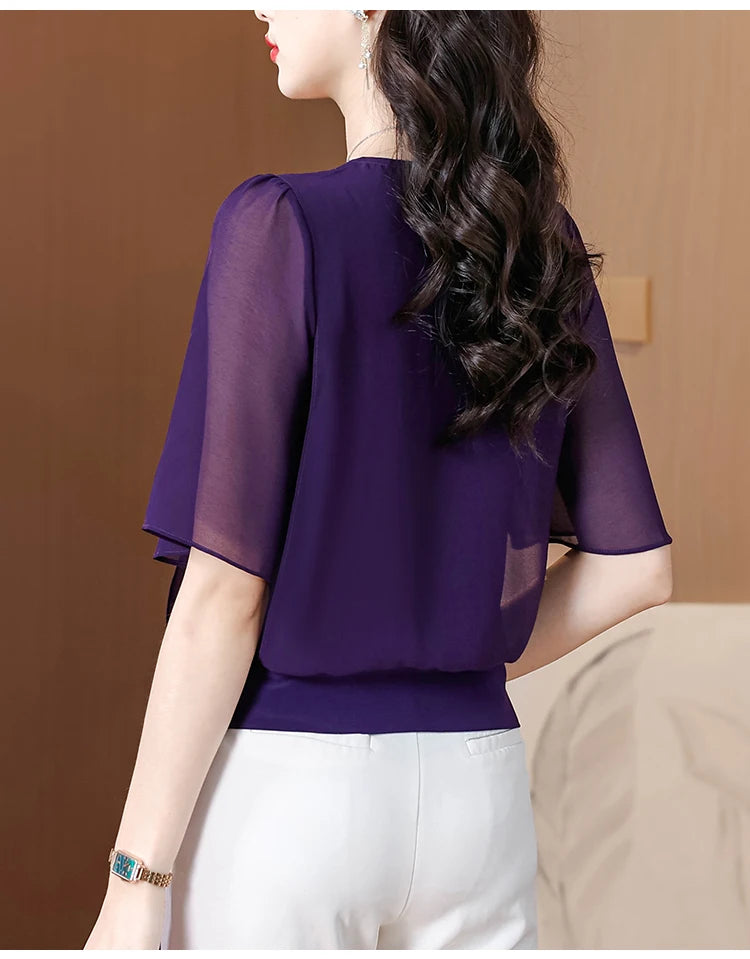 Sommerkleidung Halbarm-Chiffonbluse 2025 Neue Mode Loose Damen Tops Einfarbige Freizeit-Pullover-Shirts