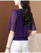 Sommerkleidung Halbarm-Chiffonbluse 2025 Neue Mode Loose Damen Tops Einfarbige Freizeit-Pullover-Shirts