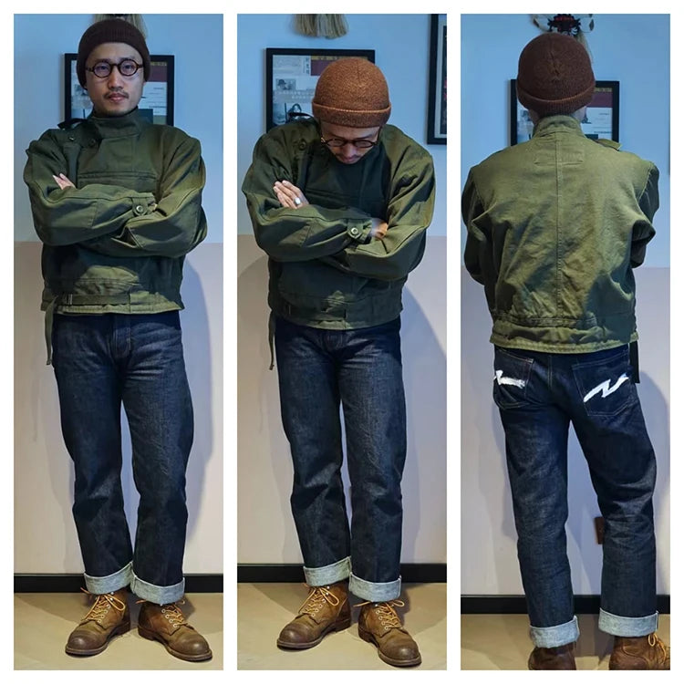 Swedish motorcycle jacket, men's retro military green casual cropped jacket, 100% cotton canvas workwear asymmetric safari style