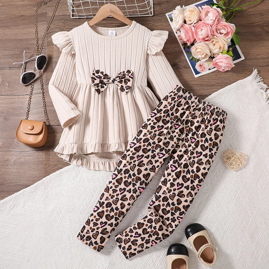 Spring Autumn Girls Cute Fashion Casual Clothing Apricot Knitted Ruffle Long Sleeve Top+Cartoon Full Print Elastic Waist Casual Pants Set Main image