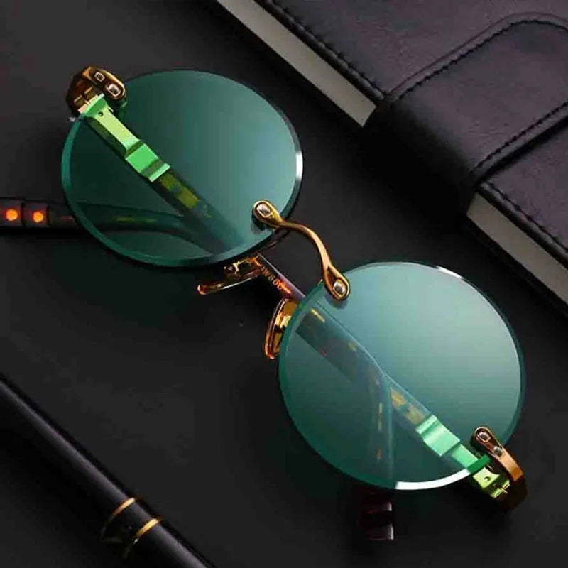 Mode Klassische Randlose Sonnenbrille Damen Herren Kristall Dunkelgrüne Gläser Sonnenbrille Retro Runde Brille Outdoor Fahrbrille Hauptbild
