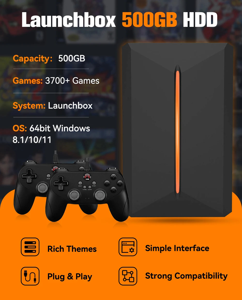 Launchbox 500GB Gaming-Festplatte, tragbare Gaming HDD mit über 3700 PC-/3D-Spielen für PS4/PS3/PS2/Wii/WiiU/Switch Spielekonsolen für PC