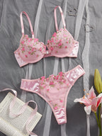 Rosa floral besticktes Dessous-Set 2-teilig mit Bügel, halbtransparent, Verschluss vorne, doppelter Haken hinten, sexy Unterwäsche für romantische Anlässe