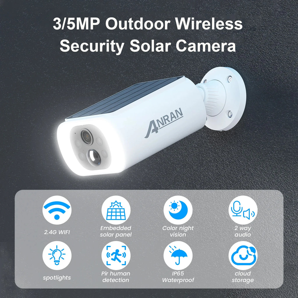 ANRAN 2K Solar-Überwachungskamera 3/5MP Outdoor Funk 2.4G WIFI Kamera Akku-Cam Flutlicht Farbe Nachtsicht NVR kann nicht hinzugefügt werden