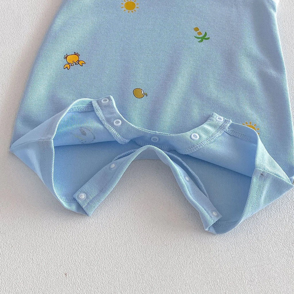 2026 Neue Sommer-Babykleidung 0-2 Jahre Cartoon-Print Ärmelloser Polo-Strampler Atmungsaktives Mesh-Gewebe mit Knopfleiste und Druckknopfverschluss