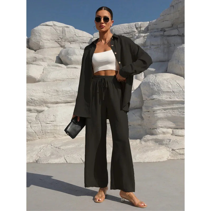 Große Größen Casual Locker Zweiteiler Weites Bein Hose Langarmshirt Hellbeige Street Style Elegant Qualität Polyester Somm... Hauptbild