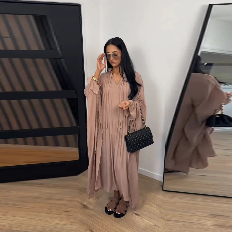 Maxikleid Damenkleider Fledermausärmel Beige Rüschen Bindekragen Plissiert Oversized Damenbekleidung Freizeitkleidung Sommer-Outfit