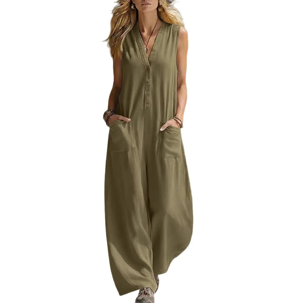 Jumpsuits Damen 2026 Playsuits Doppel-Taschen lässige Leinen-Baumwoll-Ärmellose lange Jumpsuits Damenbekleidung
