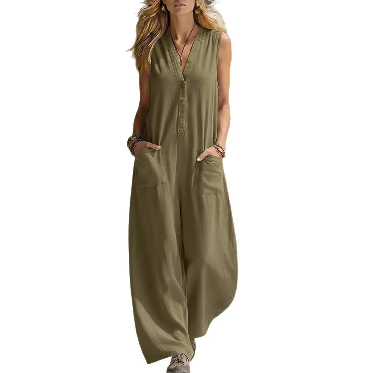 Jumpsuits Damen 2026 Playsuits Doppel-Taschen lässige Leinen-Baumwoll-Ärmellose lange Jumpsuits Damenbekleidung