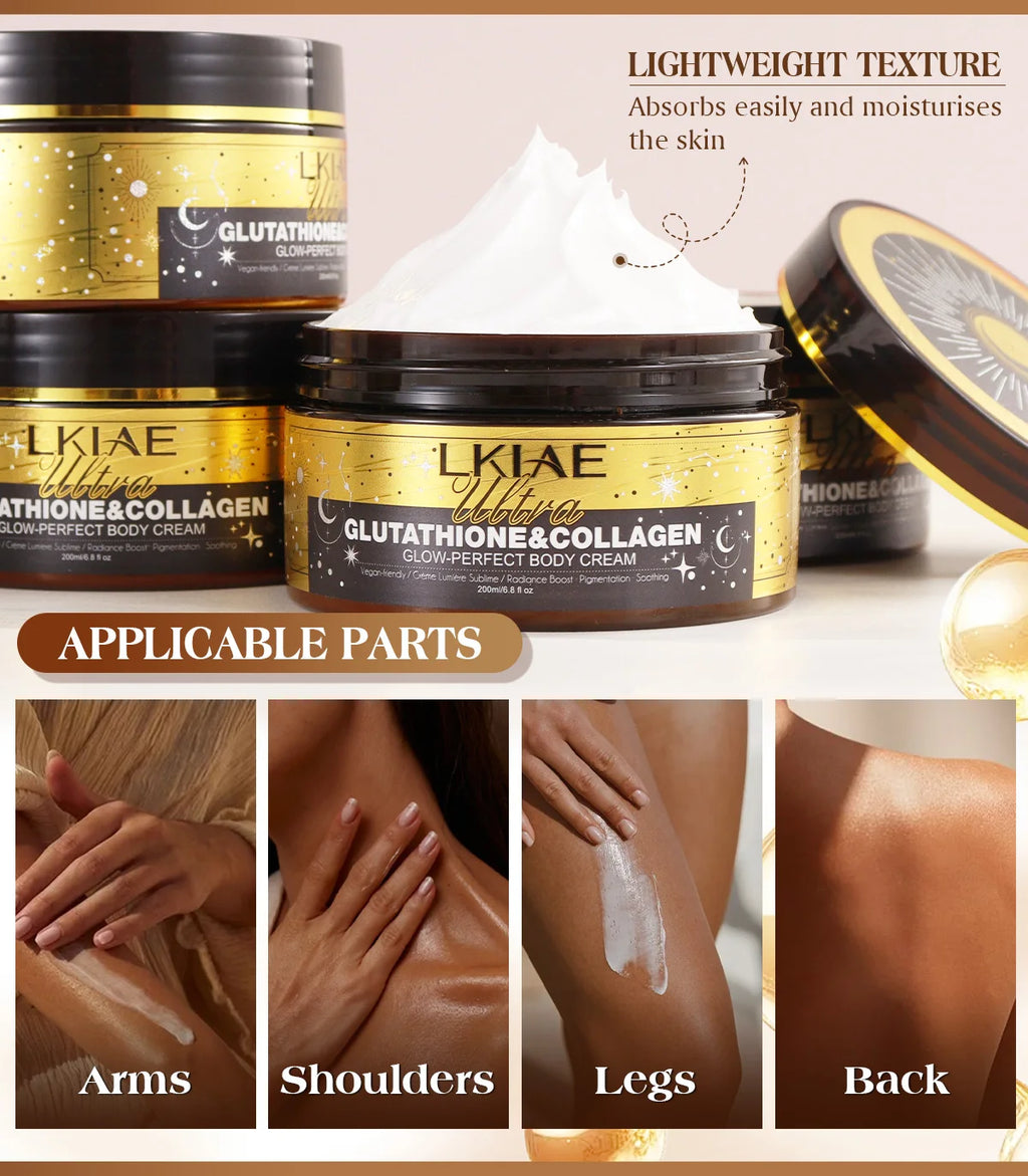 LKIAE Ultra Glutathione Kollagen Haut Leuchtende Körpercreme, 24-Stunden Intensive Feuchtigkeit, Aufhellend, Tiefenpflege & Glanz, 200ml