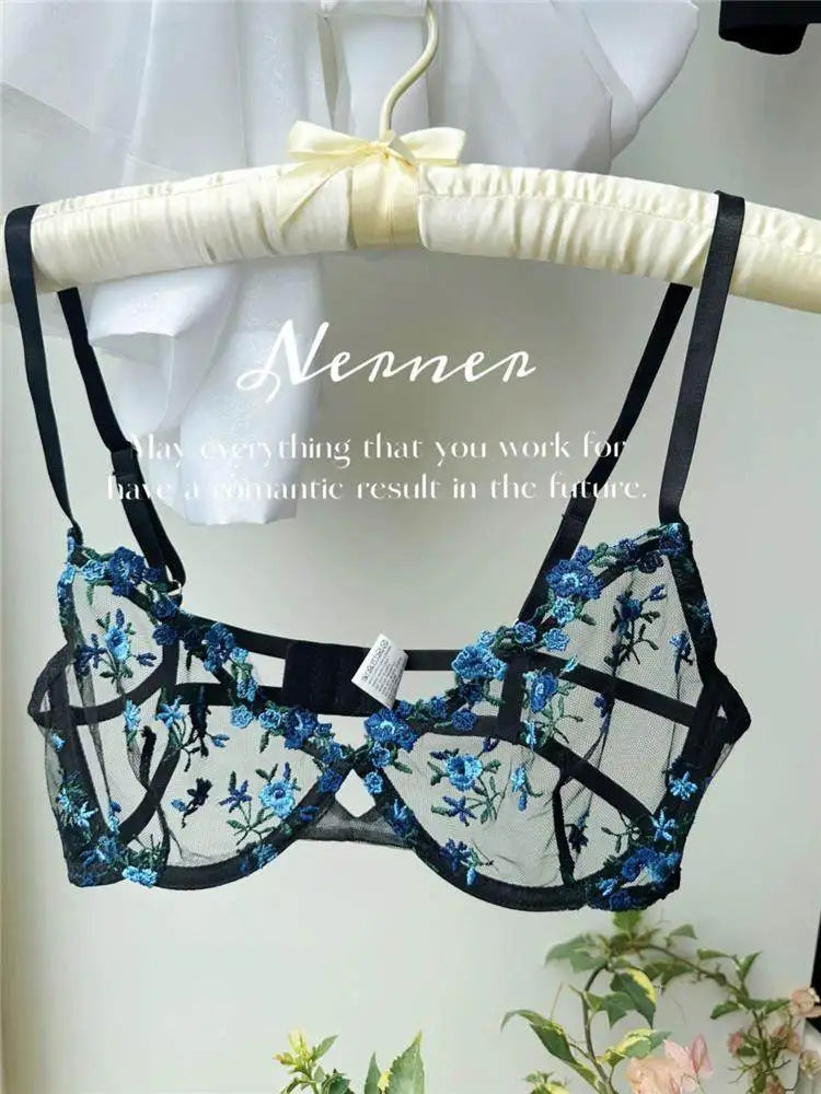 YUQI Französisches Luxus-Dessous-Set – sexy BH- und Höschen-Set mit floraler Stickerei in Schwarz, durchsichtige, transparente, verführerische Damen-Unterwäsche