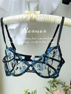 YUQI Französisches Luxus-Dessous-Set – sexy BH- und Höschen-Set mit floraler Stickerei in Schwarz, durchsichtige, transparente, verführerische Damen-Unterwäsche