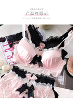 YUQI Kawaii Japanisches Lolita Dessous-Set - Süßer Schleifen-BH-Bezug & Höschen für kleine Brüste, Reiner Sexy Teenager-Mädchen-Charme XS-S Cup BH