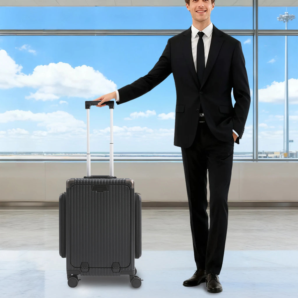 Moderner 20-Zoll PC-Gepäckkoffer, Aluminiumlegierung, Hartschale, Reisekoffer mit 4 Rollen, 3-Öffnungs-Struktur für Reisen