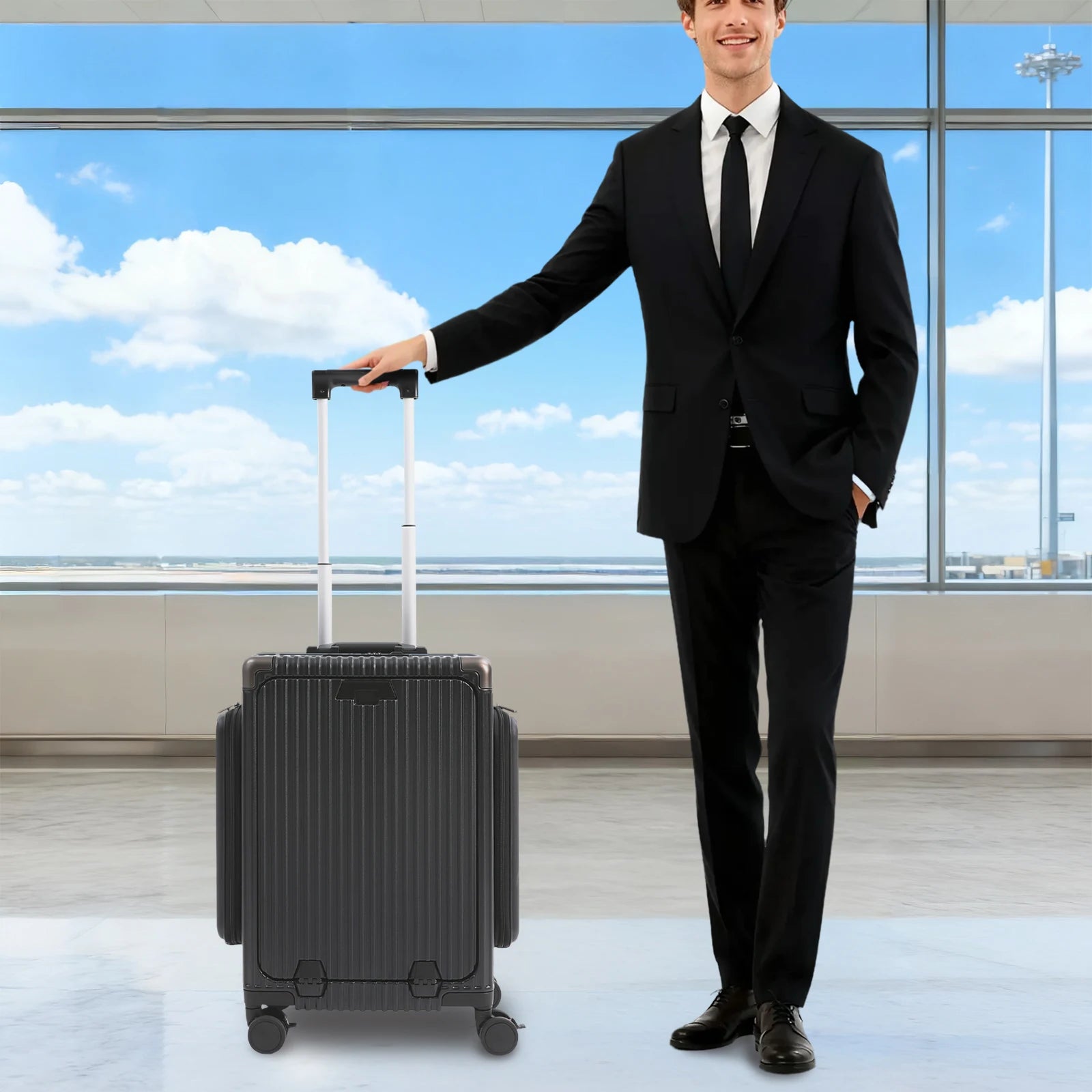 Moderner 20-Zoll PC-Gepäckkoffer, Aluminiumlegierung, Hartschale, Reisekoffer mit 4 Rollen, 3-Öffnungs-Struktur für Reisen