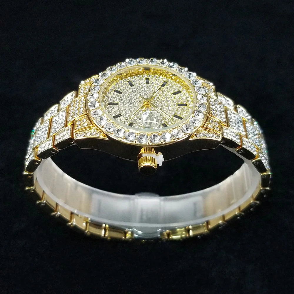 Elegante Diamantenuhren Damen Mode Silber Rund Edelstahl Quarzuhr Iced Out Glänzend Wasserdichte Uhr Geschenk für Frauen