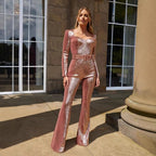 Damen-Jumpsuits Pailletten Einteiler Bodenlang Hosen-Overalls Lange Ärmel Bodycon Party-Nacht-Strampler Spleiß Hohe Taille Gürtel