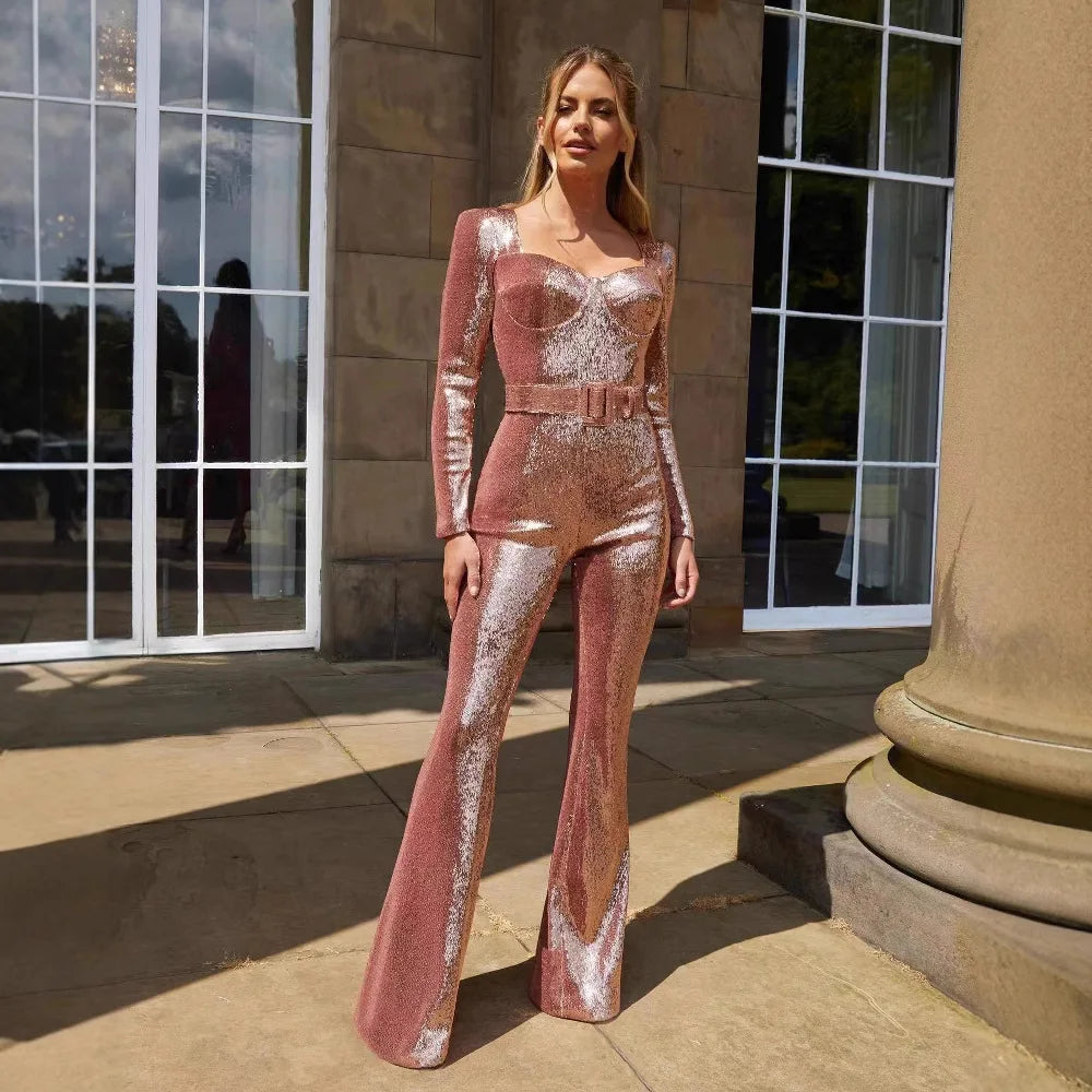 Damen-Jumpsuits Pailletten Einteiler Bodenlang Hosen-Overalls Lange Ärmel Bodycon Party-Nacht-Strampler Spleiß Hohe Taille Gürtel