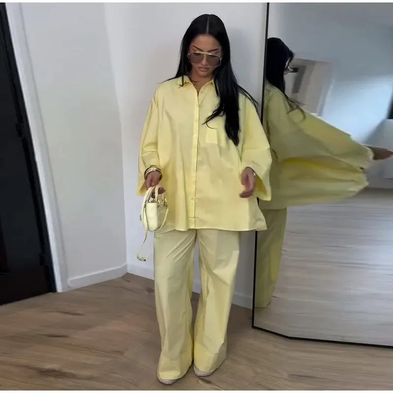 Damen Anzug mit Revers, langen Ärmeln, chic, einreihig, weites Bein, lange Hose, Sets 2026, lässiges, lockeres Outfit für den Alltag