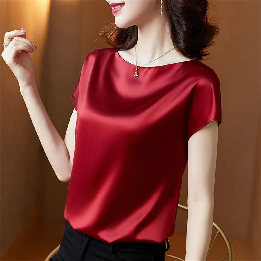 Office Lady Tops Sommer Kurzarm O-Ausschnitt Blusen Satinbluse Damenhemden Einfarbig Schlicht Leger Locker Hemd Blusen DF4904 Zweitbild