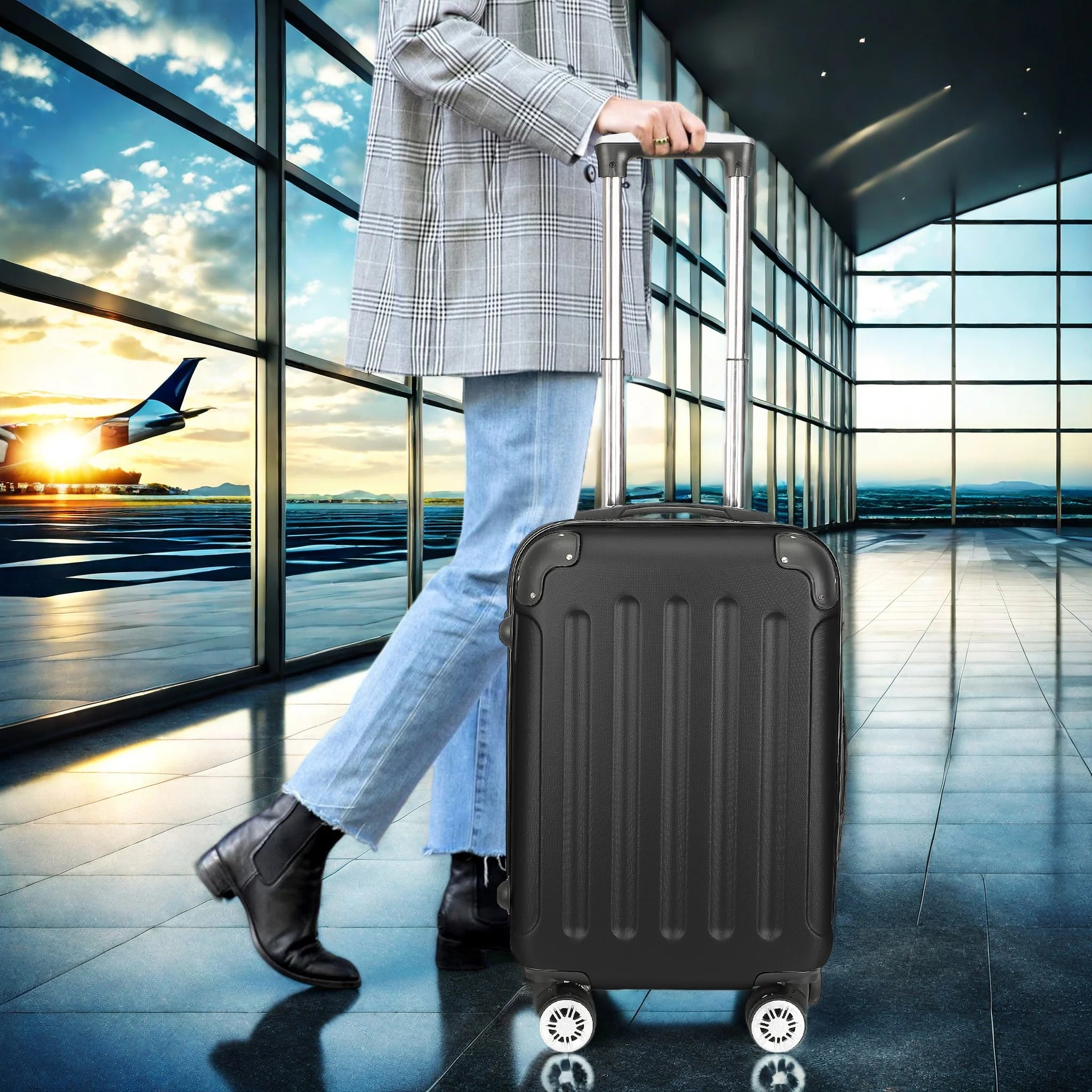 Comanlai 3Pcs Rolling Luggage Sets, Black Hard-shell Suitcases, Classical Striped Design, with 360° Universal Wheels, TSA Lock and Telescopic Handle,  for Business Outdoor Travelling Main image