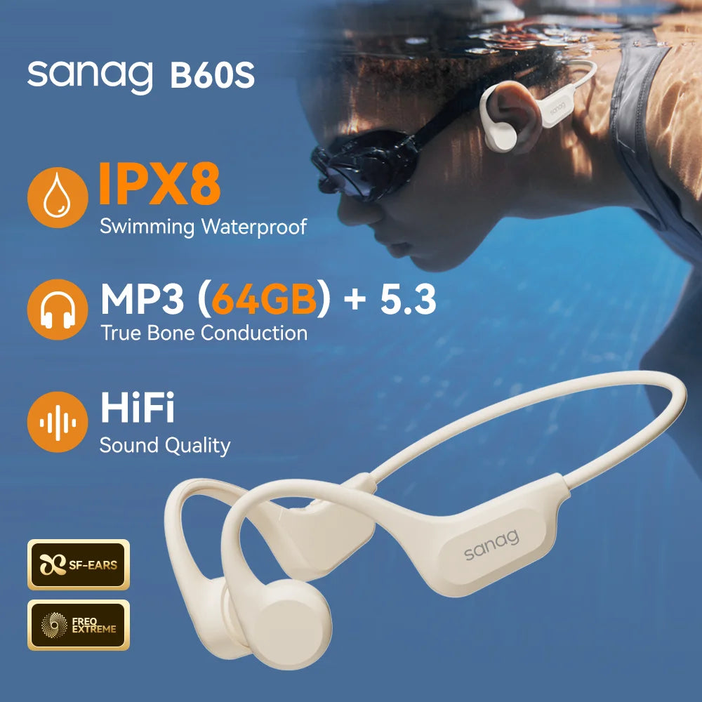 Sanag B60S Knochenschall-Kopfhörer IPX8 Schwimmen Bluetooth Kopfhörer Kabelloses Headset 32GB/64GB MP3 mit Mikrofon Ohrhörer