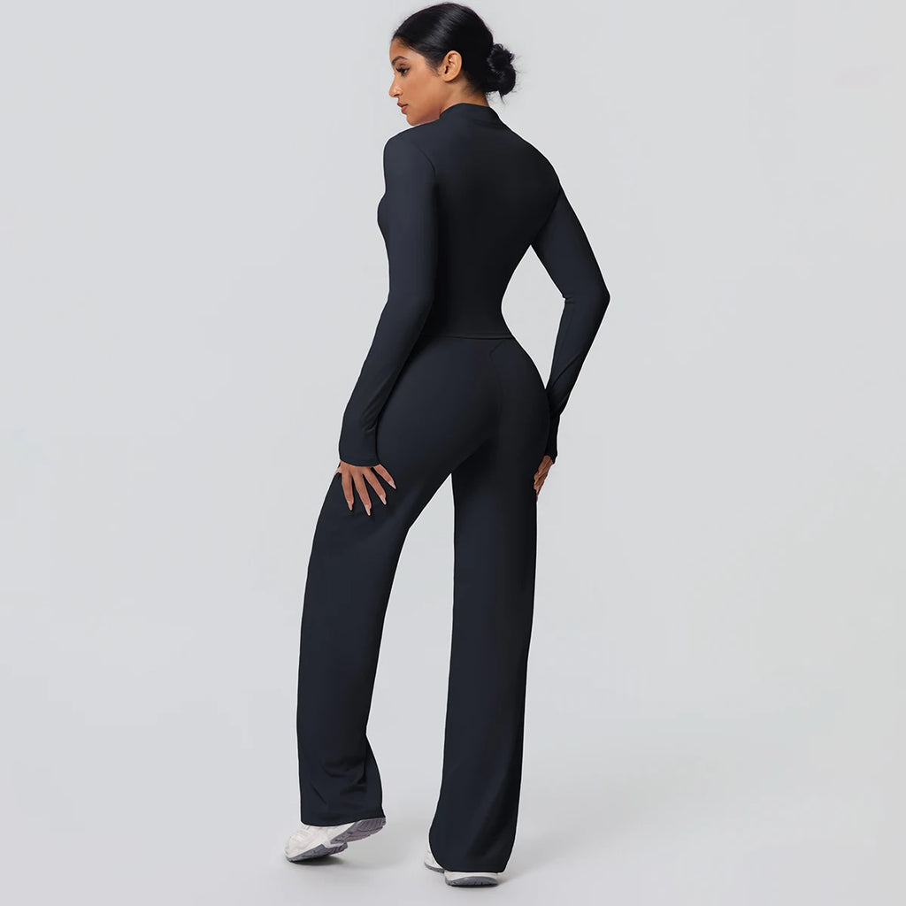 2-teiliges schnelltrocknendes Sport-Fitness-Bekleidung Yoga-Set Damen Yoga Reißverschluss Langarm High Waisted atmungsaktive weite Hose Set