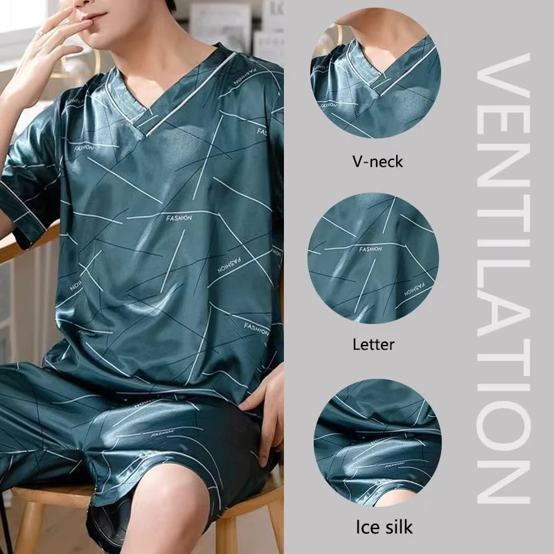 Pyjama Herren Eis Seide Dünn Kurzarm Zweiteiler Koreanische Version des lockeren Herren-Hausanzugs in Übergröße mit Buchstaben