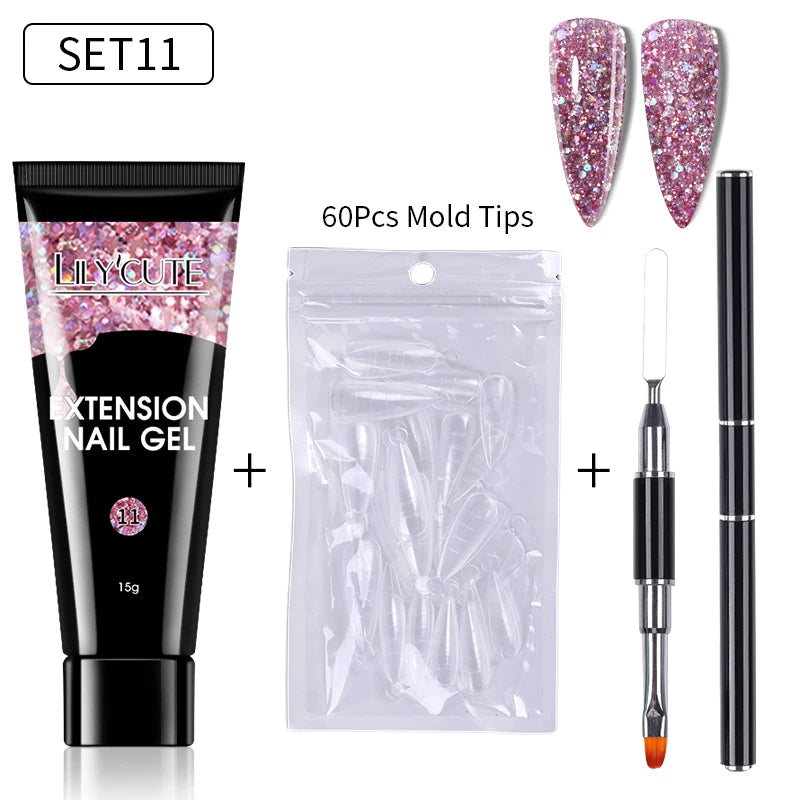 LILYCUTE 15ml Verlängerungsgel-Nagellack-Set Quick Nail Prolong mit Verlängerungsform-Nagelspitzen Acryl-Lösung Maniküre-Werkzeug-Kit