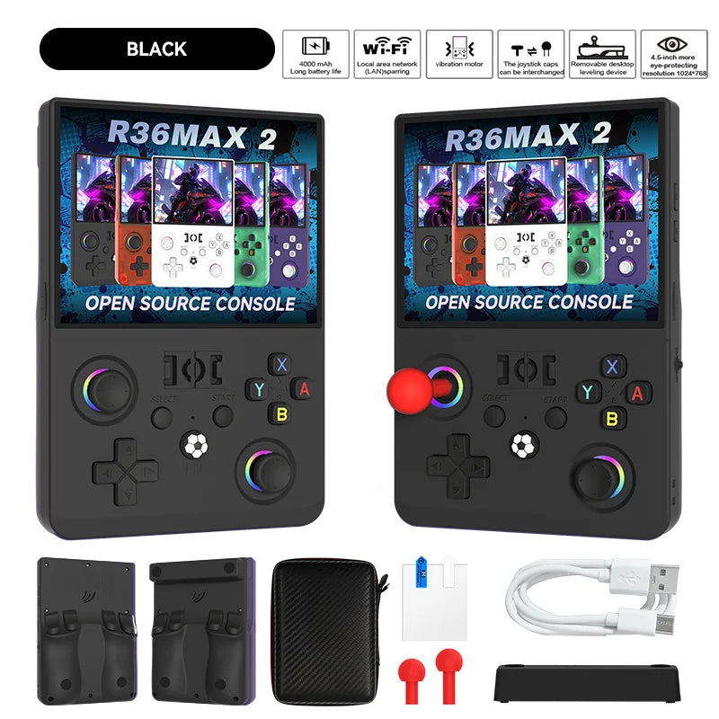 2026 Aktualisierte R36MAX2 Retro-Handheld-Spielkonsole 4,5 Zoll HD-Bildschirm 1024*768 Open Source Tragbarer Taschen-Videospiel-Player