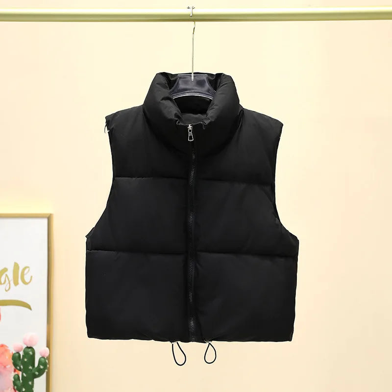 Winter Kurze Daunen Weste Damen Warmer Stehkragen Reißverschluss Jacke Freizeit Mode Gesteppte Cropped Mäntel Street Outerwear