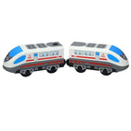 Magnetischer elektrischer Zug Lokomotive Holzeisenbahn Schlitz Diecast Eisenbahn mit zwei Waggons Zug Holz Kinderspielzeug Biro Leduo Strecke