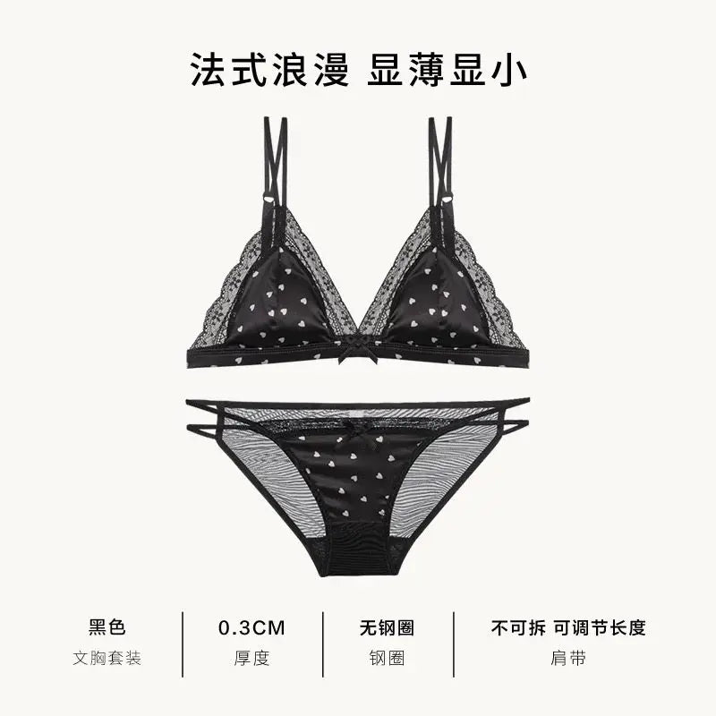 Französischer Stil Süßer Triangel-BH Lingerie Set Damen Satin Spitze Drahtlos Kleiner Busen Raffiniert Dünner Stoff Sexy Weiche Unterwäsche S-XL