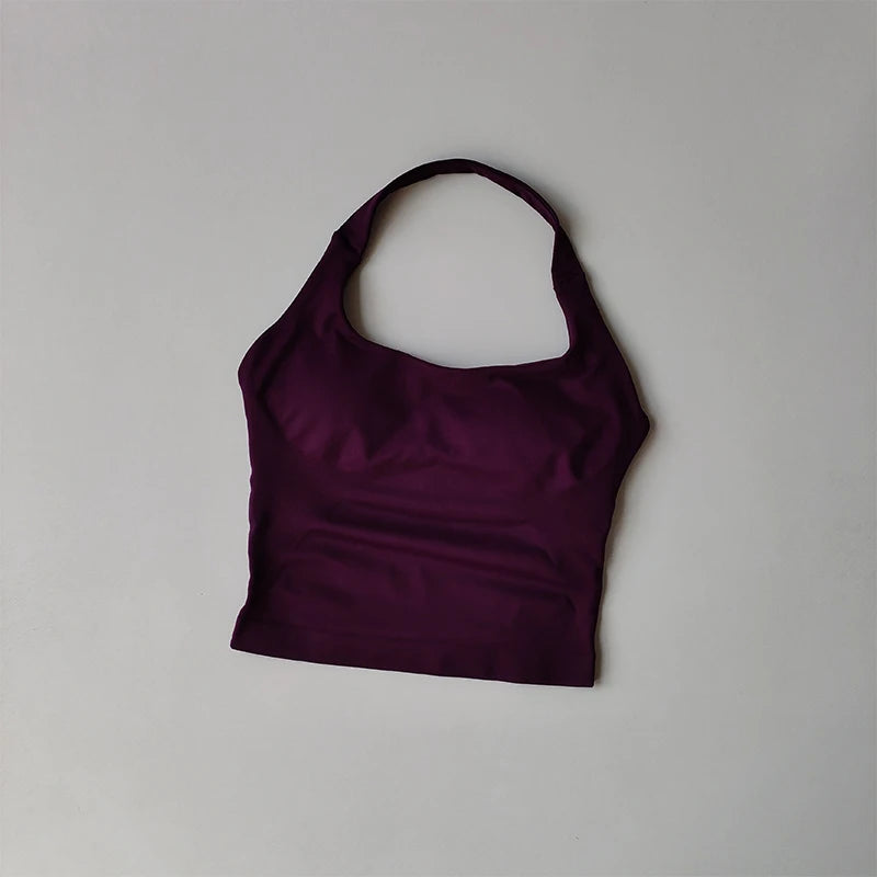 Nahtlose Neckholder-Yoga-Tanktops für Damen mit integriertem BH, gepolstertem Gymnastik-Top, ärmellosem Shirt, tailliert, rückenfrei, Sportbekleidung