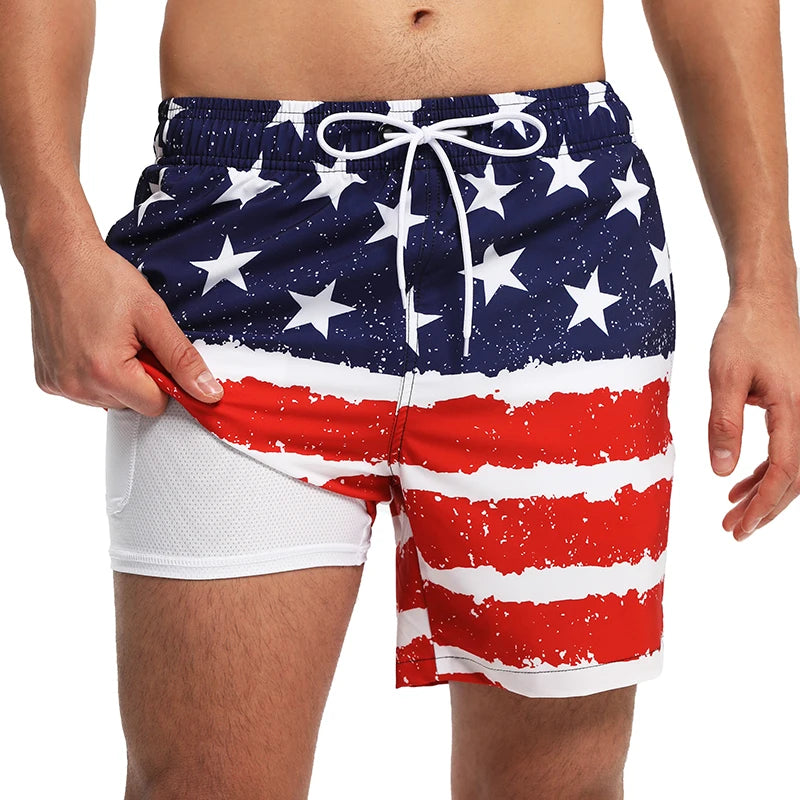 ESCATCH 2026 Neu eingetroffene Herren-Badeshorts mit Kompressionsfutter, 2-in-1-Druck, schnelltrocknend, Fitnessstudio, Sport, Herrenshorts mit Reißverschlusstaschen