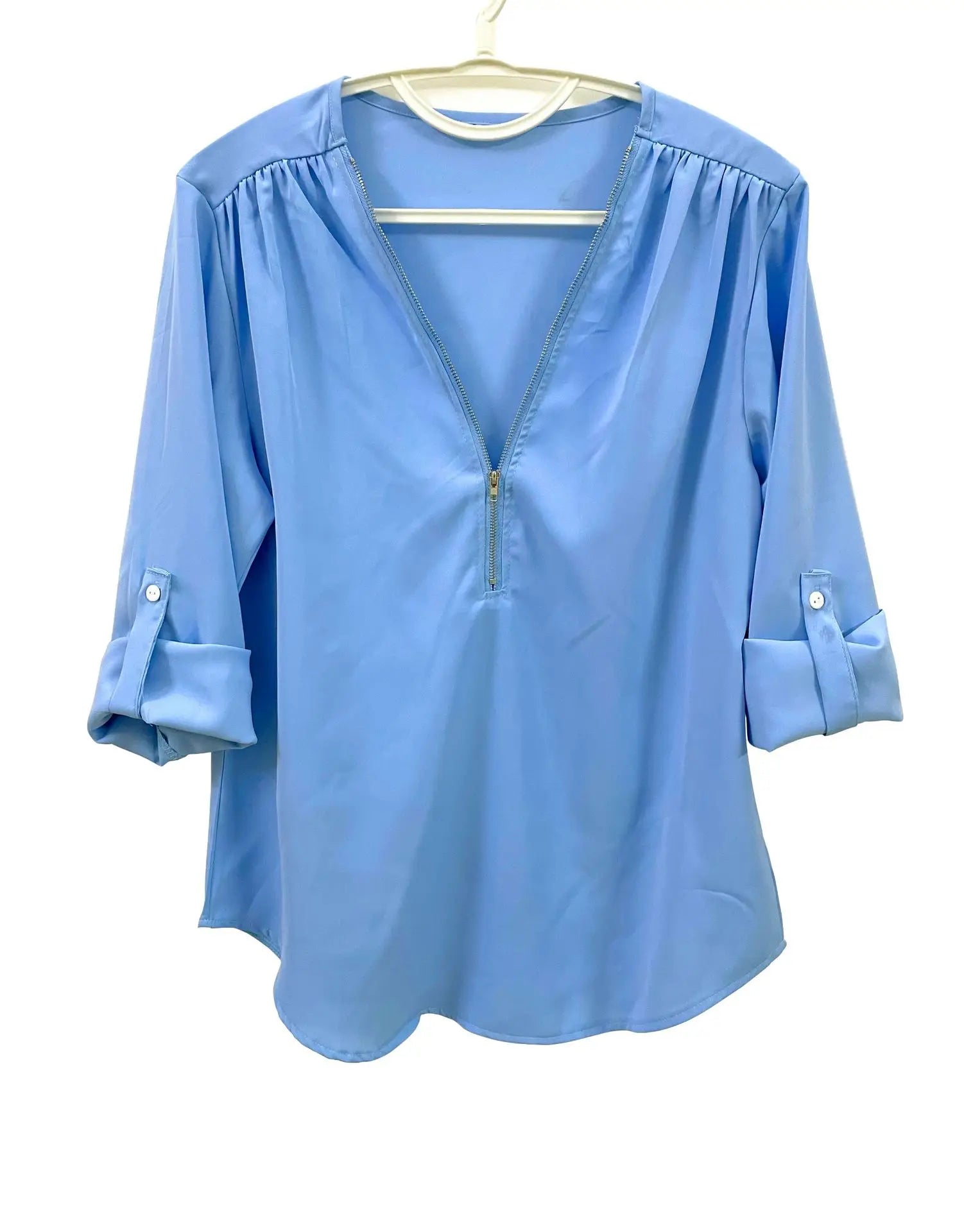 2024 Qualität Heißer Verkauf Plus Size Tiefer V-Ausschnitt Damenbluse Chiffon Coole lockere Hemd Mode Freizeit Damen Tops Sexy Reißverschluss Pullover