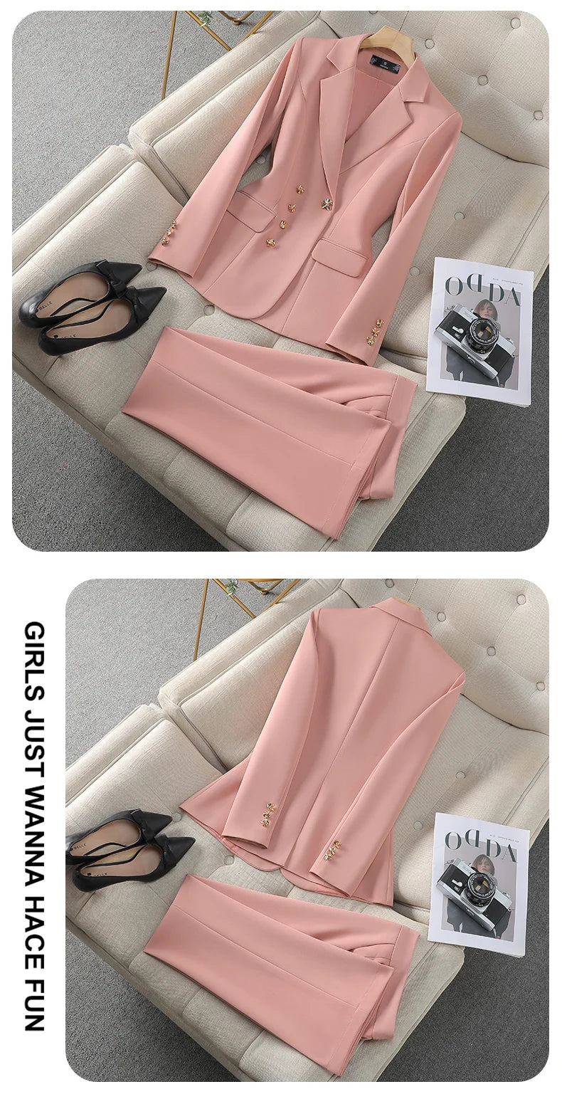 NAVIU Neu 2024 Damen Hosenanzüge Rosa Blazer und Jacken Set Büro Damen Arbeits Business Uniform Weiblicher Hosenanzug OL Stil Beige