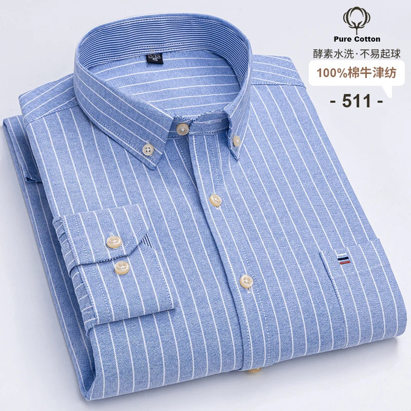 100 % Baumwolle Oxford Herrenhemden Langarm Kariert Weich Regular Fit Festliches Hemd Tasche Sozial Bluse Herrenkleidung S-7XL