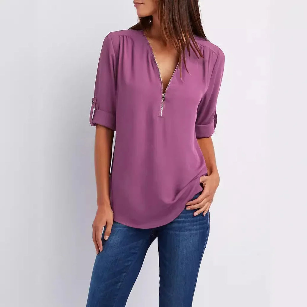2024 Qualität Heißer Verkauf Plus Size Tiefer V-Ausschnitt Damenbluse Chiffon Coole lockere Hemd Mode Freizeit Damen Tops Sexy Reißverschluss Pullover
